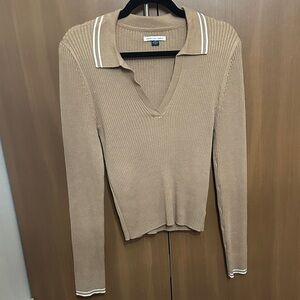 American Eagle Outfitters Ribbed Long-Sleeve Polo Top - Camel with White Trim